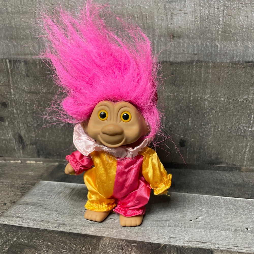 Vintage Troll Doll TNT 1991 Pink Hair Clown Outfit Red Hat Collectible Toy